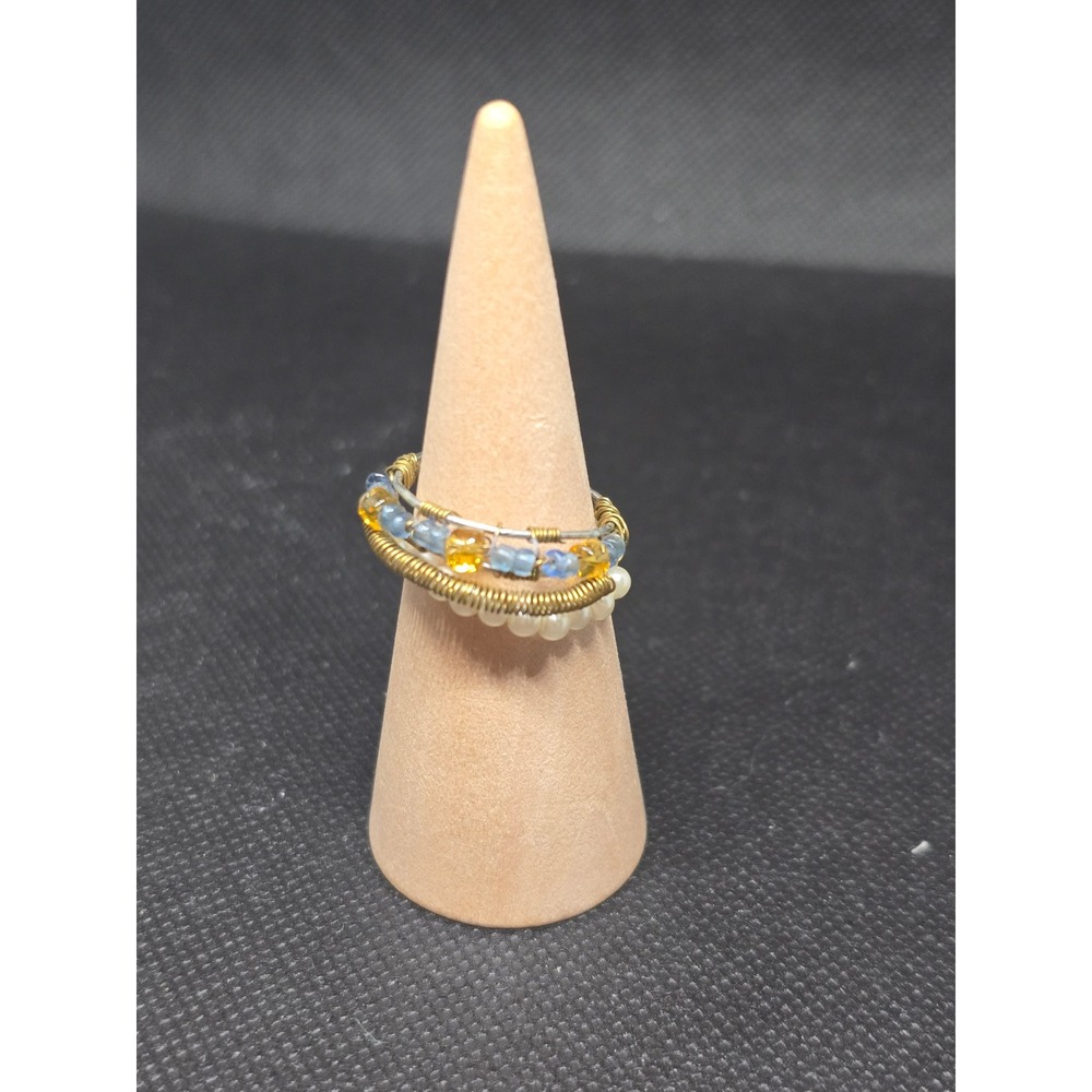 Handmade Wire Wrapped Bead Ring Size 7 Gold Silver Tone Pearl Blue Amber Boho